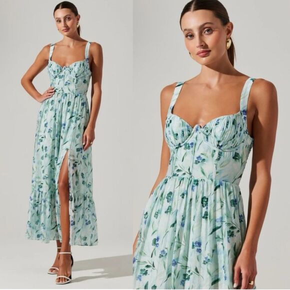New ASTR Kelby Floral Bustier Lace Up Slit Maxi Dress Green Blue - Picture 1 of 8